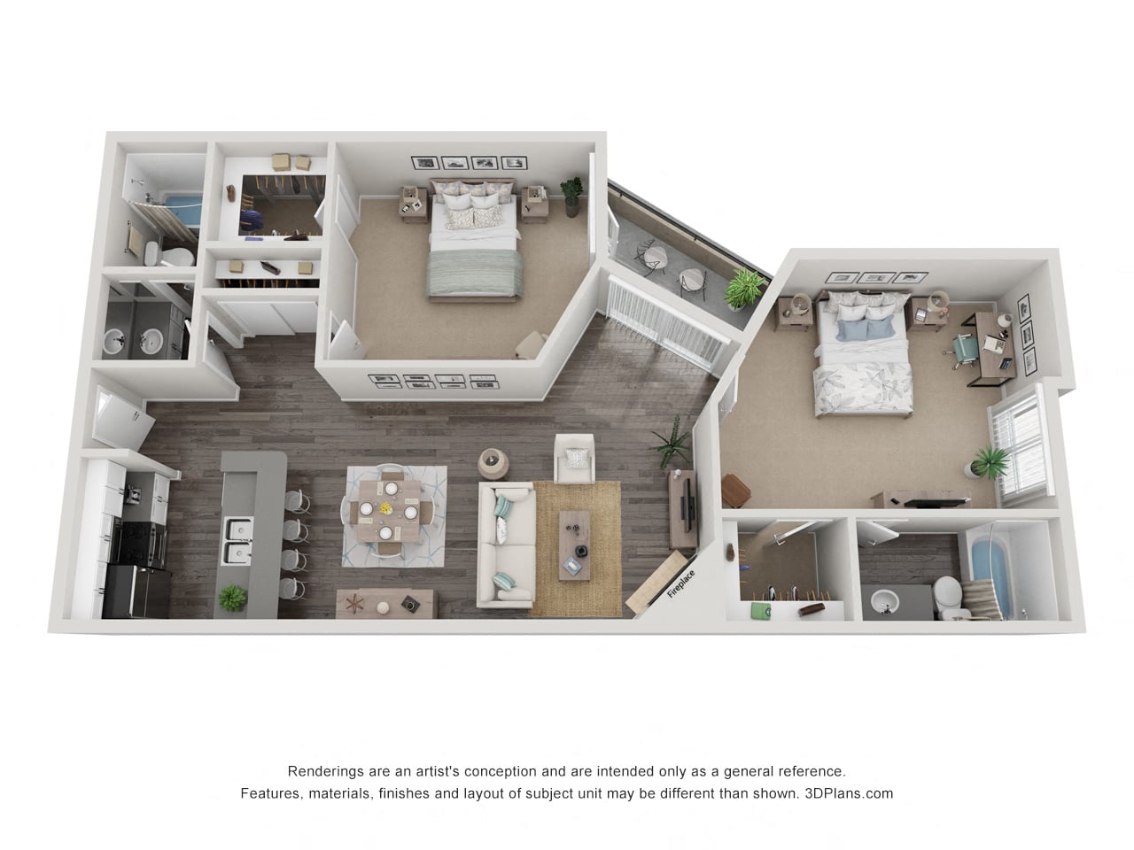 Floor plan for 2 beds, 2 baths, 1060 sqft